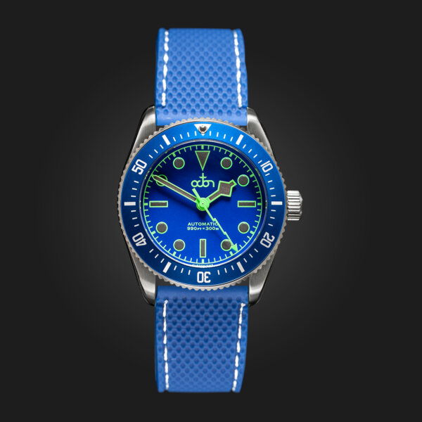 Neptune Blue Watch with Blue Textured Rubber with White Stitch Strap.