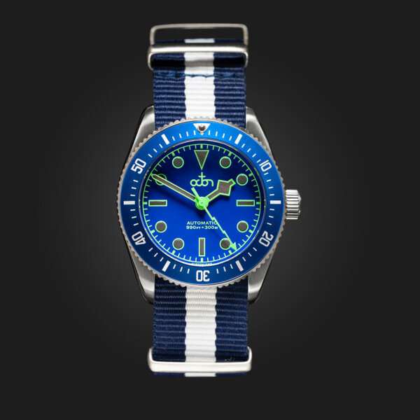 Neptune Blue Watch with Navy Blue and White NATO Strap.